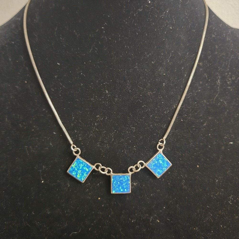 VTG Sterling Silver Italy AQUA Opal Square BLUE IRIDESCENT NECKLACE 16" 925